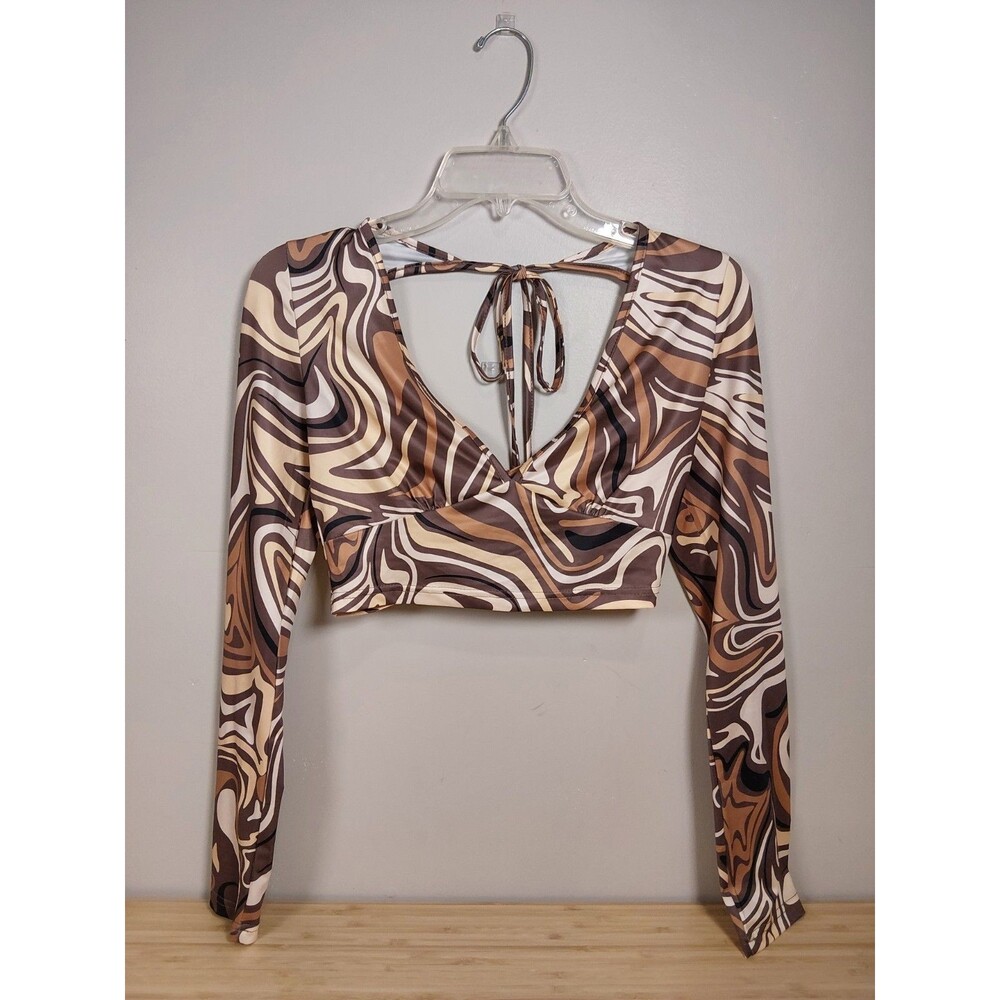Retro Psychedelic Swirl Long Sleeve Crop Top - Brown & Tan Boho Tie Back - Small